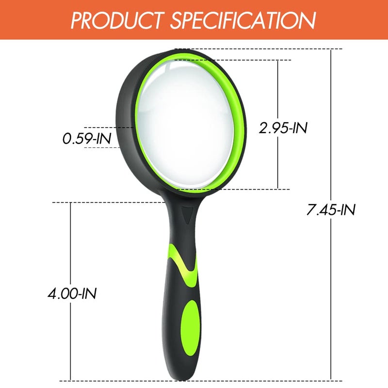Leffis 2 Pack 10X Magnifying Glass for Seniors & Kids, Non-Slip Handheld Magnifier for Reading, 75mm Magnify Glasses Lens for Close Work, and Hobby Observation Green and Orange - Image 4